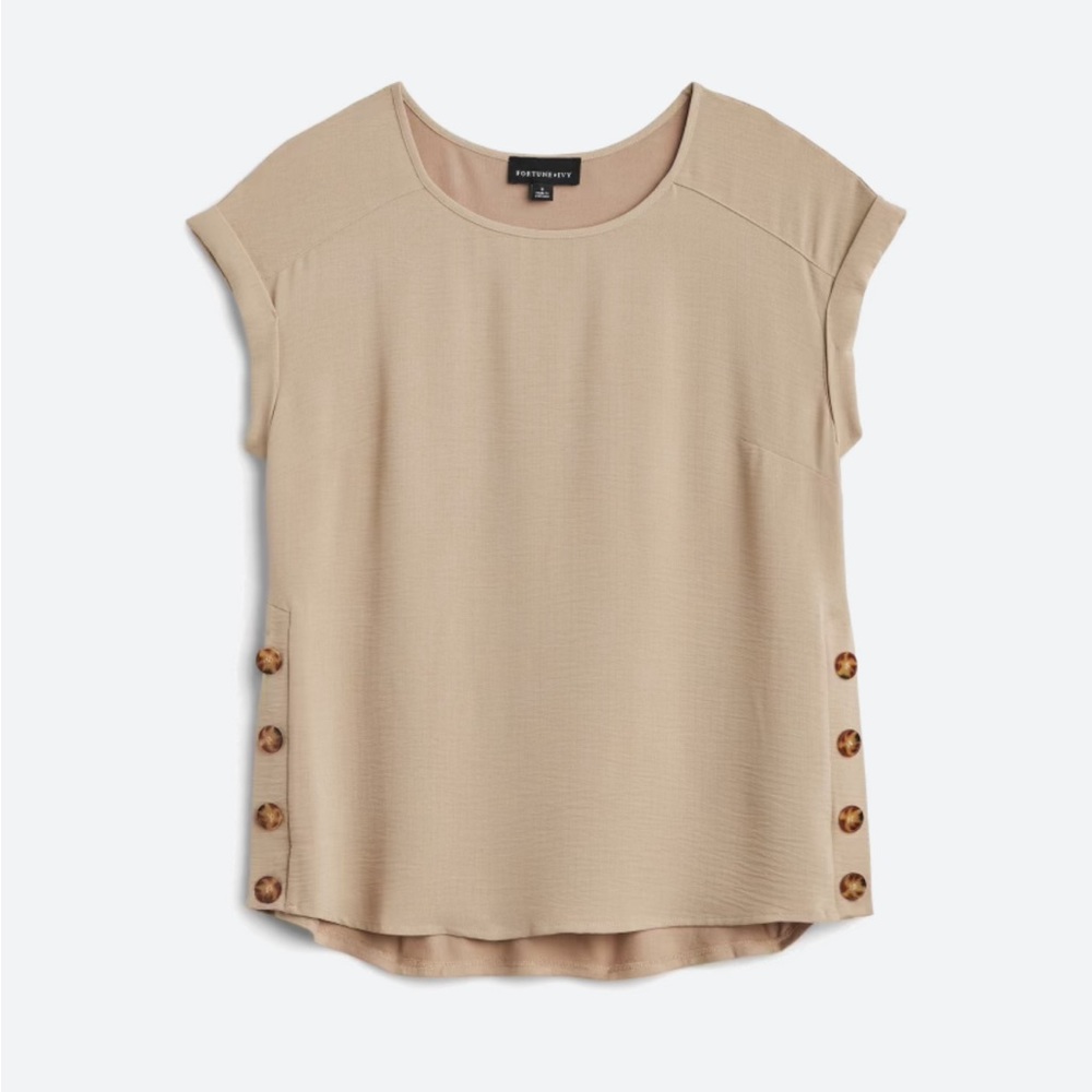 Large, beige FORTUNE + IVY Angelina Button Detail Mixed Material Top